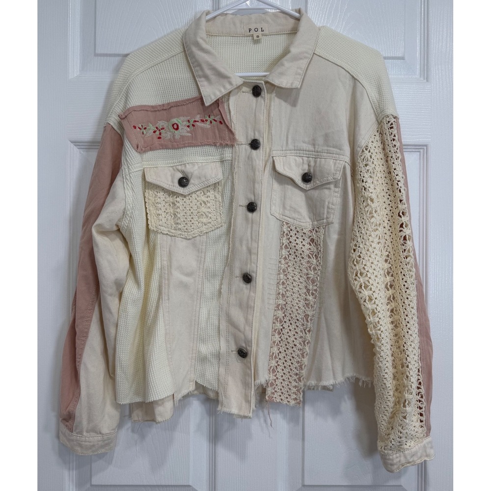 POL Womens Patchwork Crochet Jacket Cream Pink Embroidered Boho Small GWT83